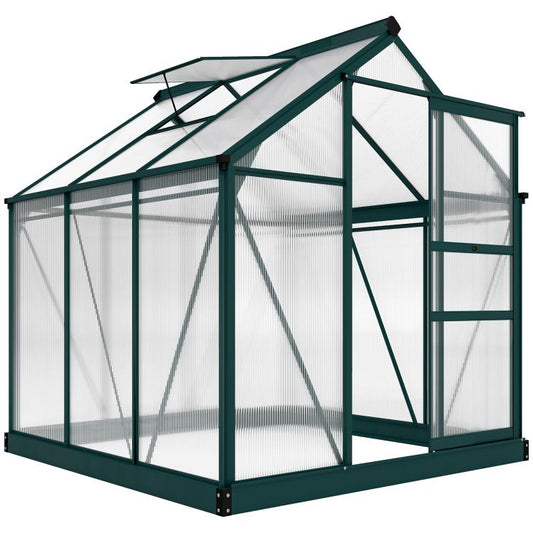Dark green polycarbonate greenhouse with roof vent and sliding door