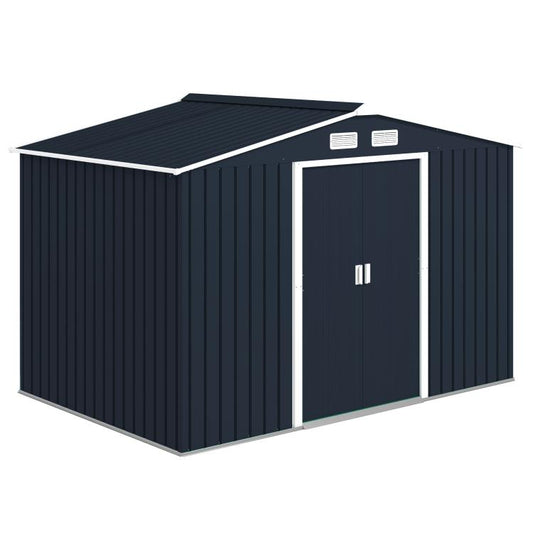 Dark gray metal outdoor storage shed with double lockable doors and sloped roof