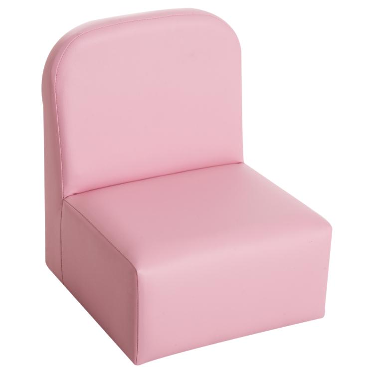 Pink upholstered kids chair with rounded backrest and armrests