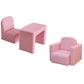 Pink upholstered kids chair with small cube table and matching ottoman seat