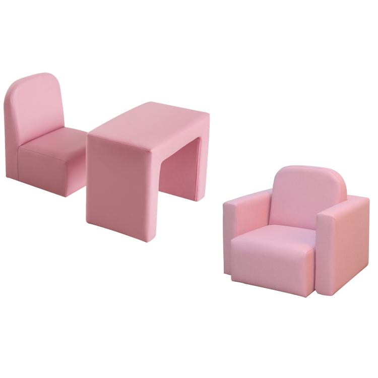 Pink upholstered kids chair with small cube table and matching ottoman seat