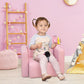 Pink kids armchair and side table set with rounded, padded foam-style cushions