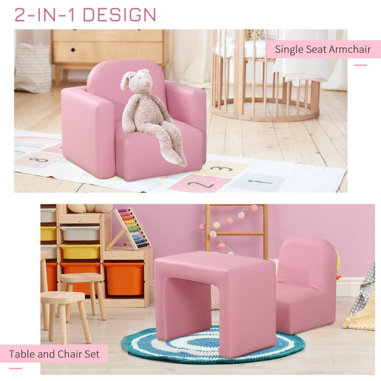 Pink 2-in-1 armchair that converts to table, padded seat with rounded arms