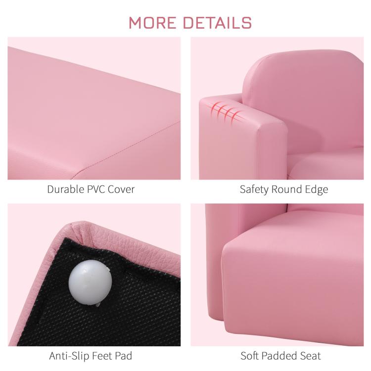 Pink set details: cushioned seat, rounded edge, anti-slip foot pad, durable cover
