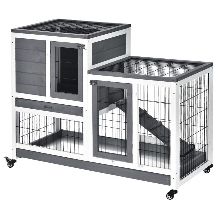 Gray elevated small-animal cage with wire doors, enclosed run, and wheels