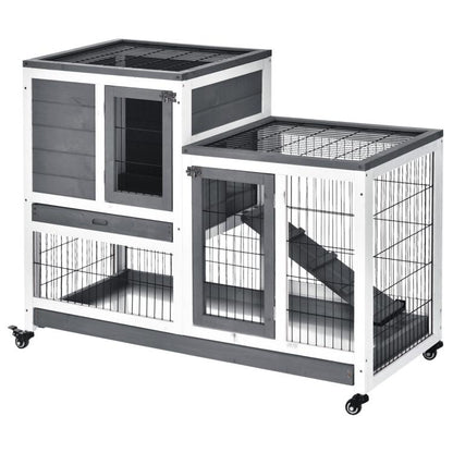 Gray elevated small-animal cage with wire doors, enclosed run, and wheels