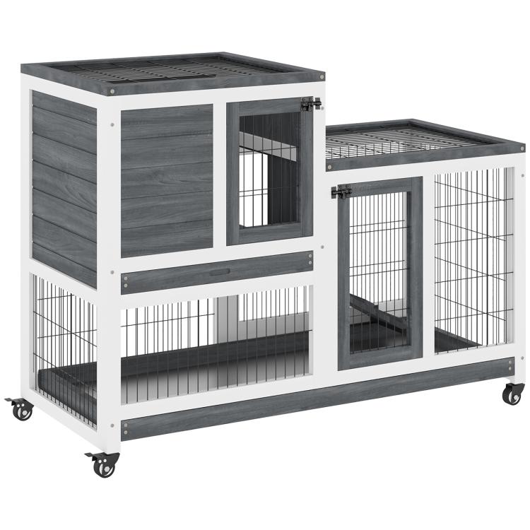 Gray wooden rabbit hutch with wire doors and enclosed run, on wheeled base
