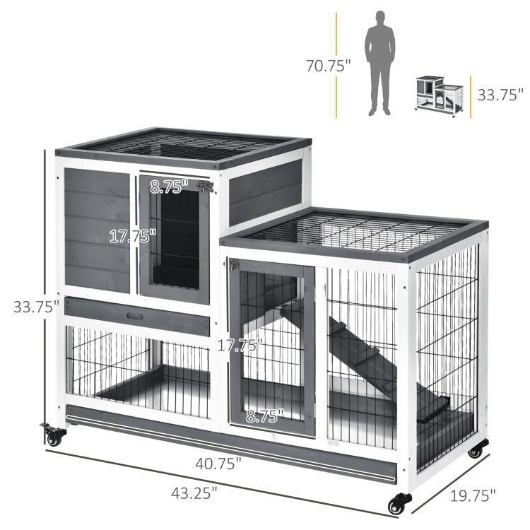 Elevated bunny cage with enclosed run, ramp, and wire doors; size diagram view