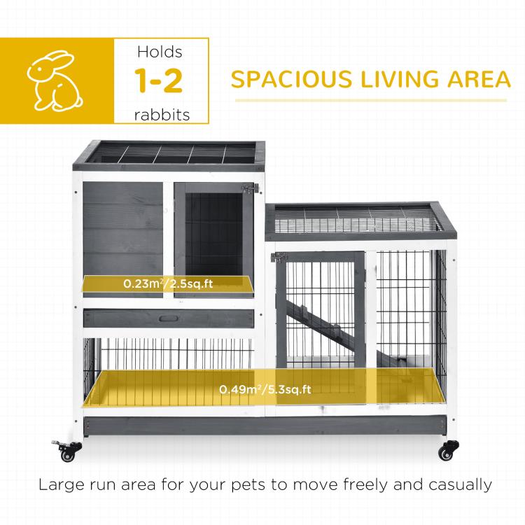 Indoor rabbit hutch cage with slide-out tray area and wire door panels on wheels