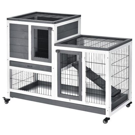 Gray elevated small-animal cage with wire doors, enclosed run, and wheels