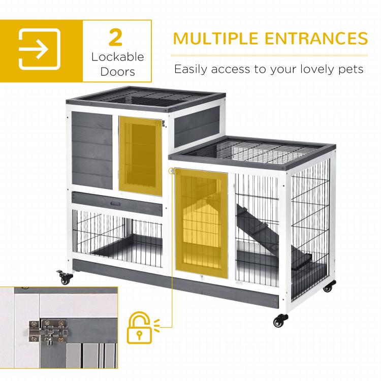 Rabbit cage with two lockable doors, enclosed wire run, and casters