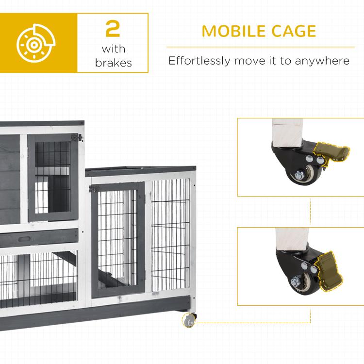 Mobile rabbit cage with casters and wire doors; close-up of wheels