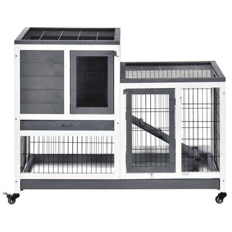 Gray and white elevated rabbit cage with wire door panels and ramp section