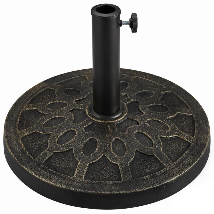 Black round resin umbrella base with decorative cutout pattern and central pole holder