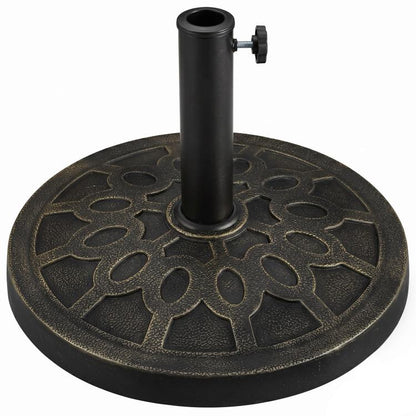 Black round resin umbrella base with decorative cutout pattern and central pole holder