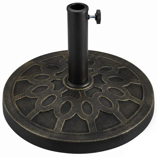 Black round resin umbrella base with decorative cutout pattern and central pole holder