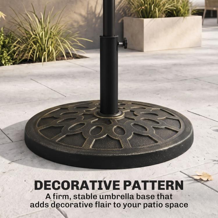 Black resin umbrella base stand featuring a decorative pattern on the round base