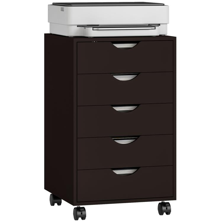 Brown 5-drawer file cabinet with top white paper tray and caster wheels