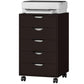 Brown vertical file cabinet with 4 drawers, white top, and caster wheels