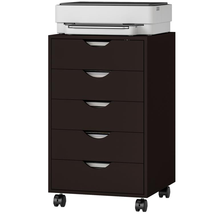 Brown vertical file cabinet with 4 drawers, white top, and caster wheels
