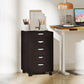 Dark brown 5-drawer file cabinet on rolling casters with arched drawer pulls