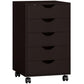 Dark brown 5-drawer file cabinet front view with arched drawer pulls on casters