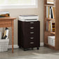 Brown 5-drawer filing cabinet on wheels near shelves and office supplies