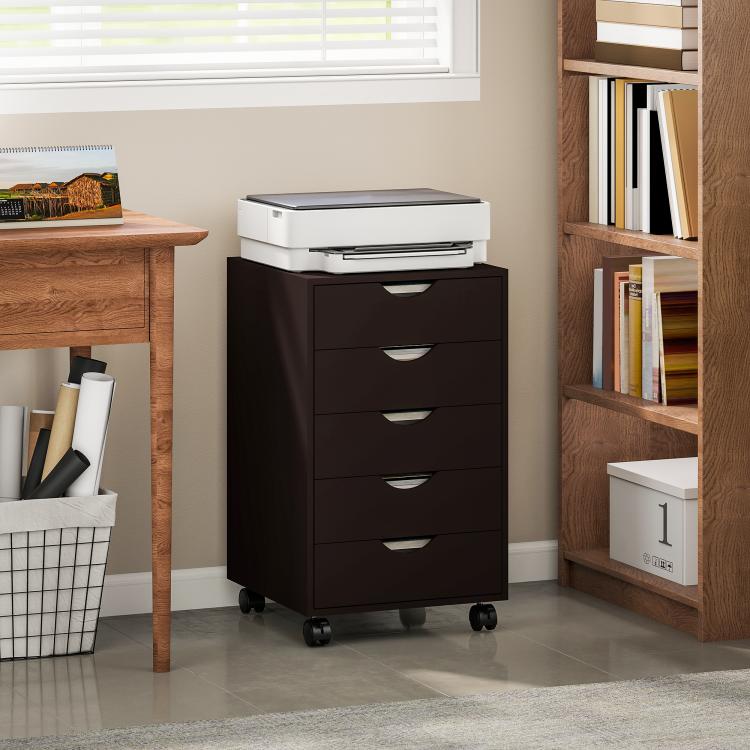 Brown 5-drawer filing cabinet on wheels near shelves and office supplies