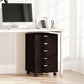 Brown 5-drawer file cabinet under a desk with caster wheels
