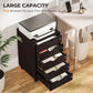 Brown rolling file cabinet with open drawers and five-drawer storage