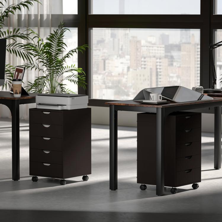 Brown 5-drawer filing cabinet with white top organizer and caster wheels