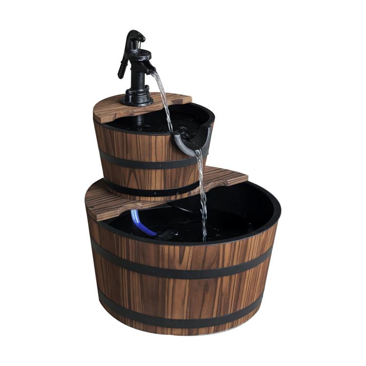 Two-tier wooden barrel water fountain with black pump and continuous water stream