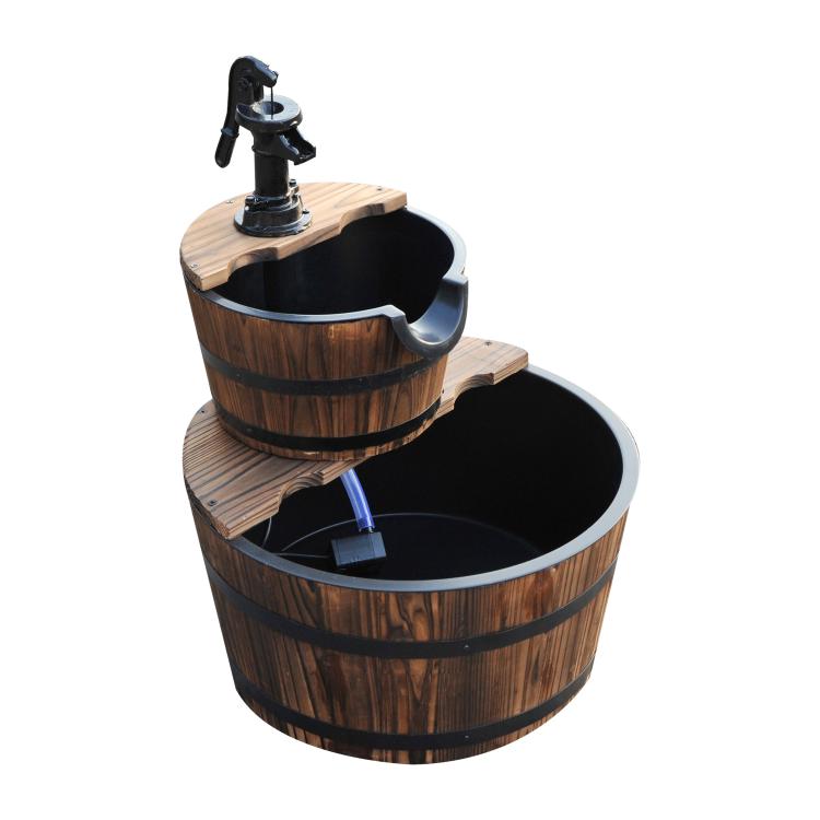 Two-tier wooden barrel fountain with black spout pump and flowing water between basins