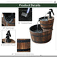 Product details graphic for two-tier wooden barrel fountain with flowing water