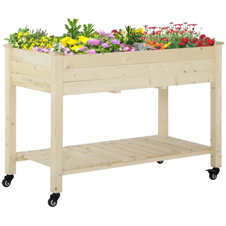 Natural wood raised garden bed with lockable wheels and lower storage shelf