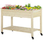 Natural wood elevated planter box with wheels and built-in lower storage shelf
