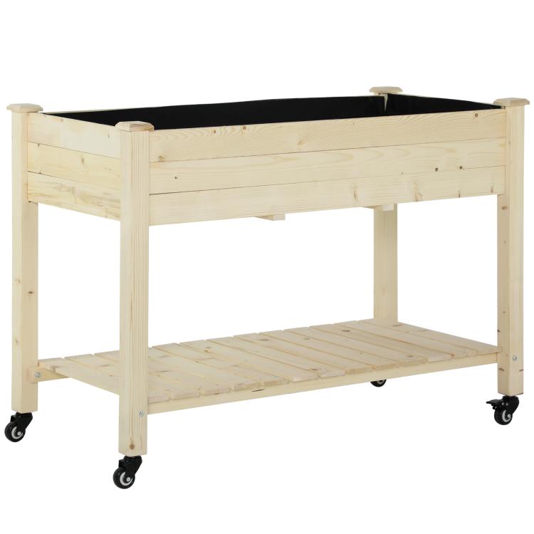 Natural wooden raised garden bed with lower storage shelf and caster wheels