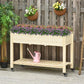 Raised wooden garden bed on rolling casters with lower shelf and plant liner