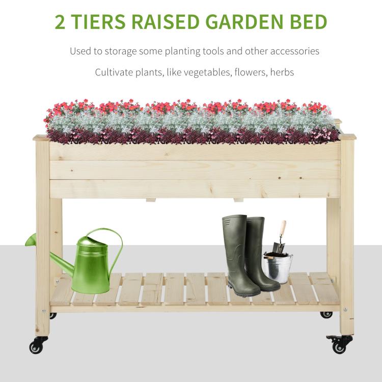Two-tier raised garden bed with open lower shelf and rolling wheels