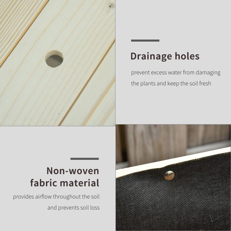 Raised garden bed liner and drainage holes detail in light wood panels