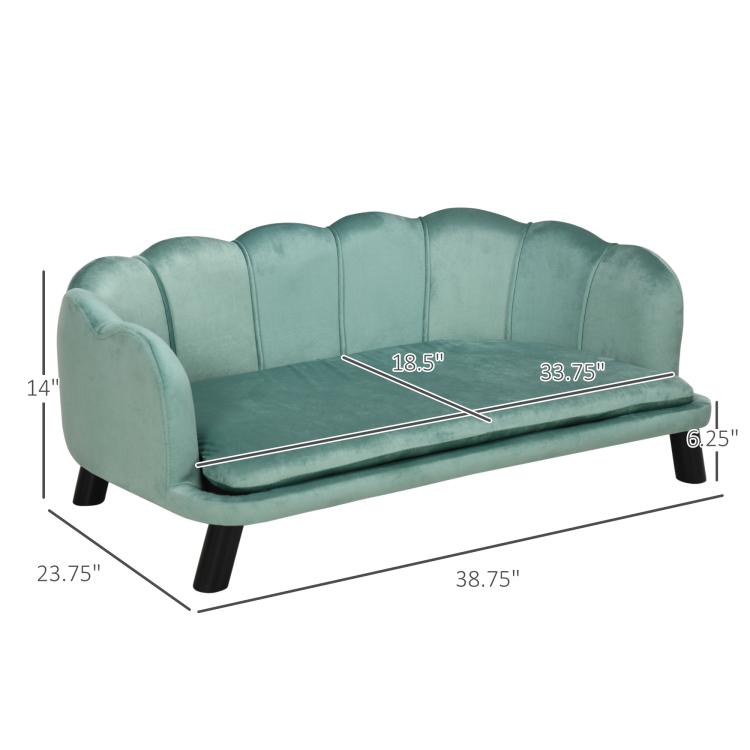 Green pet sofa bed with tufted back and cushioned seat, shown with size measurements