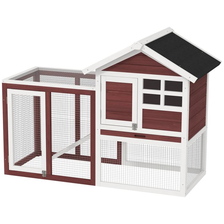 Rabbit hutch with wire mesh run, front door openings, and black roof on a white frame