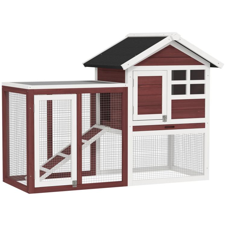 Wooden rabbit hutch with black roof, brown sides, and wire-mesh enclosure