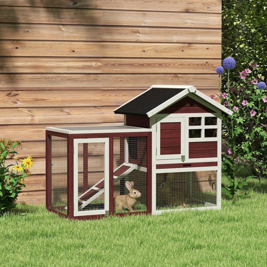 Outdoor rabbit hutch house with wire mesh sides and built-in ramp, black roof panel