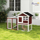 Rabbit hutch with black roof panel, red-brown wooden walls, and wire mesh enclosure