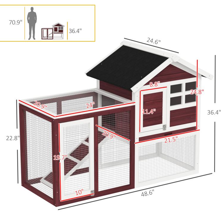 Rabbit hutch size diagram showing wire run, house section, and slanted black roof