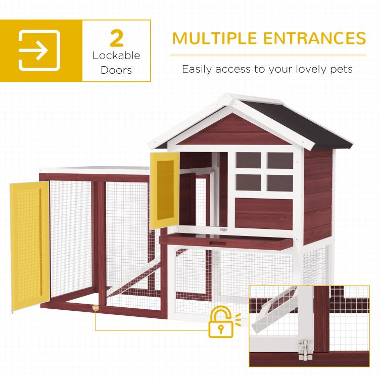 Rabbit hutch diagram with two lockable doors and ramp access into the wire run