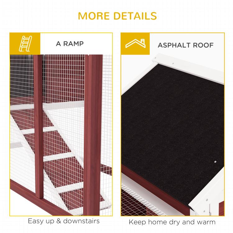 Rabbit hutch detail view: ramp stairs and black asphalt-style roof cover