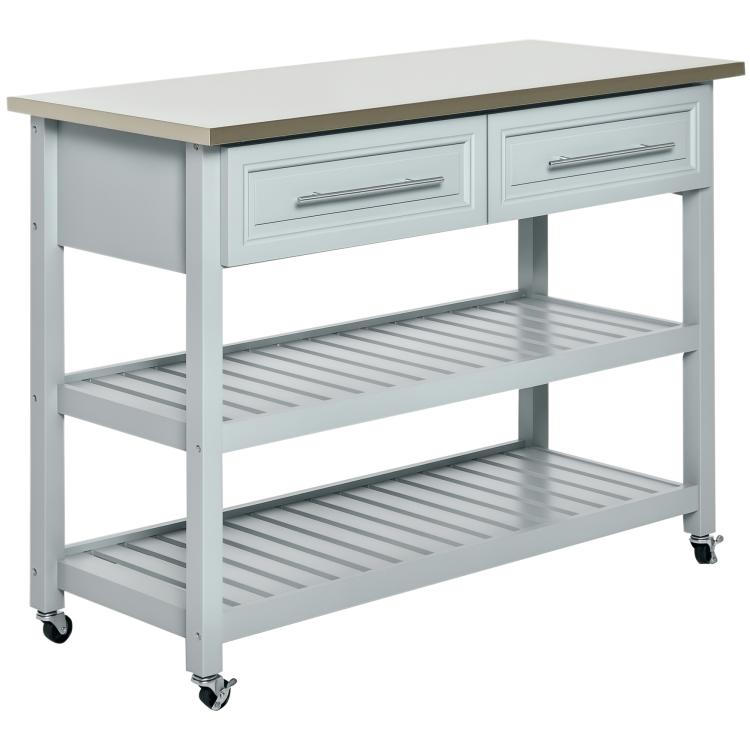 Light gray kitchen island cart with stainless steel top, drawers, two shelves, and casters