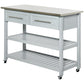 Light gray kitchen island cart with two drawers and open two-tier shelf base, on casters